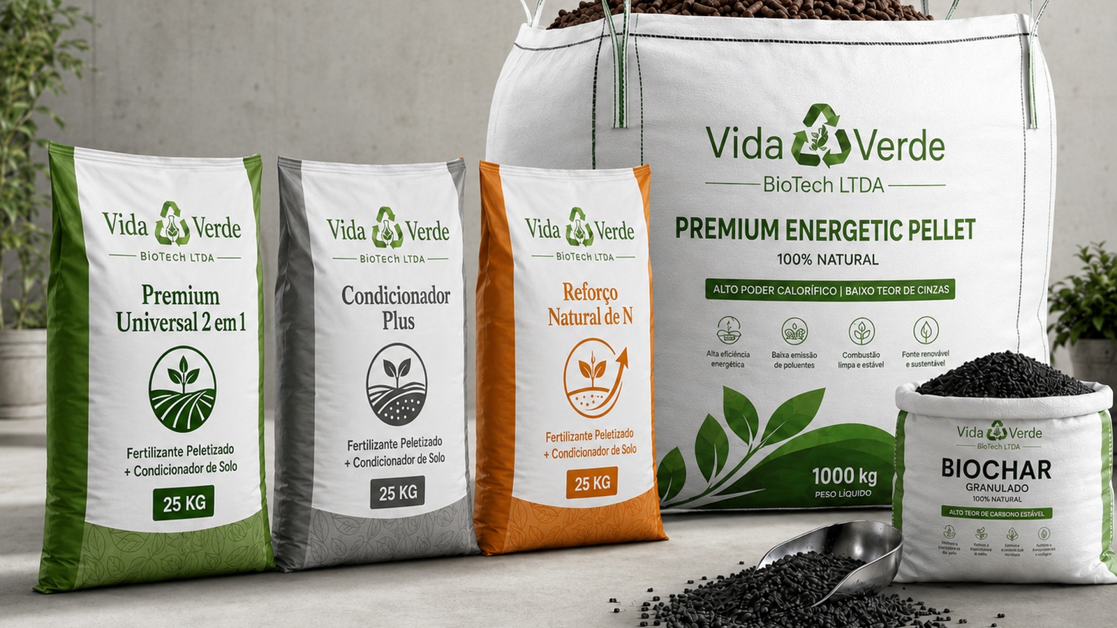 Produtos Vida Verde: fertilizantes em sacos de 25 kg, pellets energéticos em big bag e biochar granulado